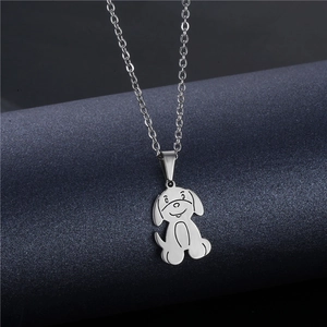 Minimalist silver stainless steel dog pendant necklace with cute cartoon puppy design