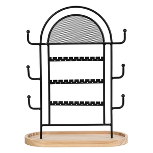 Black metal jewelry organizer with arched mesh and wood base for earrings and necklaces