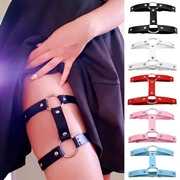 Detail view of adjustable PU leather leg garters with metal rings in five various colors