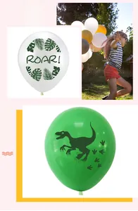 Detailed views of dinosaur party balloons featuring Roar text and velociraptor prints