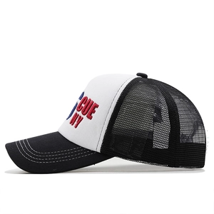 Detailed side view of black and white trucker hat with Rescue NY 3D embroidery