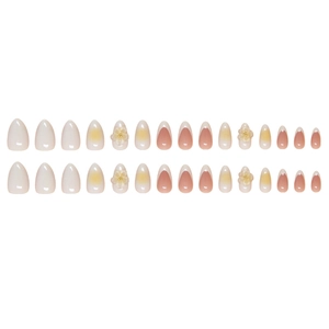 30pcs almond press on nails with white, nude, and 3D yellow flower designs
