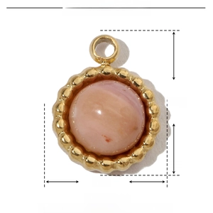 Detailed view of pink natural stone pendant with 11mm height and gold stainless steel frame