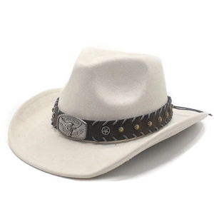 Detail of white suede cowboy hat with brown leather band and silver bull head buckle