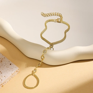 Detail of gold multi-layer hand chain featuring turquoise and sparkling crystal inlay