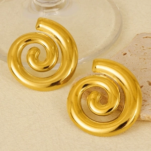 Detailed macro view of spiral golden stainless steel earrings with polished finish