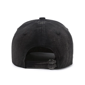 Adjustable black washed cotton baseball cap with vintage metal buckle and back opening