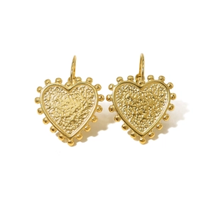 Gold plated heart hoop earrings with hammered texture and beaded edges on white background