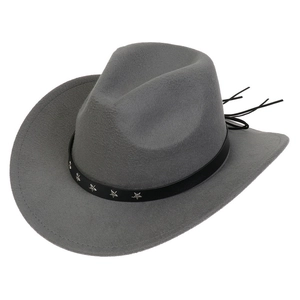 Detail of grey western cowboy hat featuring black belt with silver star studs