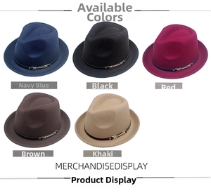 Detail showcasing variety of wool felt jazz hats in navy, black, red, brown, and khaki