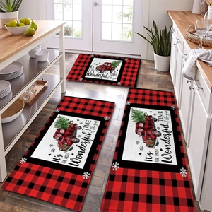 Three-piece Christmas buffalo plaid floor mats with vintage red truck in a kitchen setting