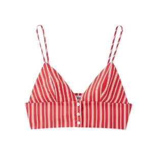 Red and white striped knit crop top with spaghetti straps and front buttons
