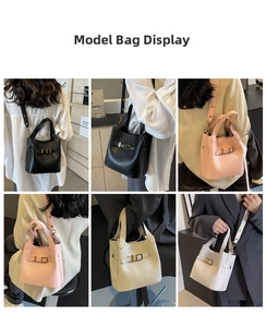 Three-way nylon bucket bag shown in black, pink and beige worn as crossbody and handbag