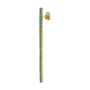 Detailed close-up of a long gold stud earring set with vibrant green cubic zirconia gems