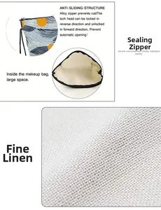 Vues détaillées d'une trousse à maquillage en lin avec fermeture éclair et grande capacité