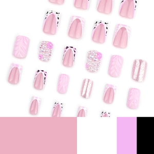 Pink 3D wave press-on nails set with pearls, french glitter leopard pattern and textures