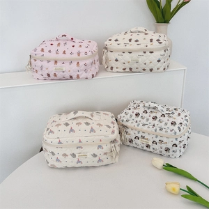 Detail of four quilted cotton makeup bags with cute cartoon patterns and top handles