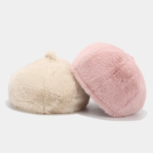 Soft faux fur beret hats in beige and pink colors for autumn and winter protection