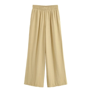 Pantalon large en coton et lin beige pour femme avec taille haute élastique chic