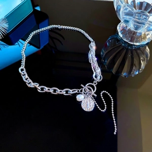 Silver OT buckle necklace with pearl and coin pendant featuring layered rhinestone chains
