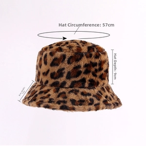 Detail showing dimensions for leopard plush bucket hat with 57cm circumference and 9cm depth