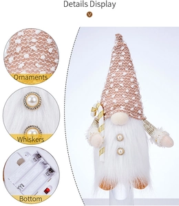 Detail view of pink sequin Christmas gnome with pearl whiskers and LED battery compartment