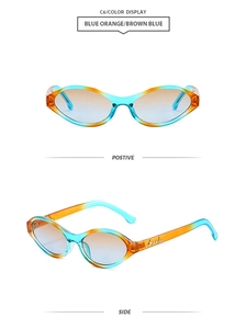 Front and side views of vintage oval cat-eye sunglasses with blue-orange gradient frames