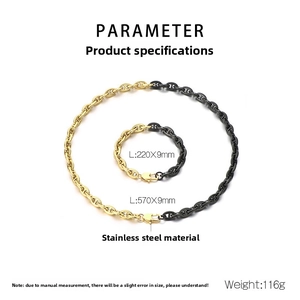 Detailed set of two-tone gold and black stainless steel pig nose chain necklace and bracelet