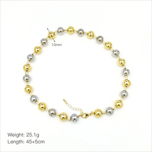 Detailed view of 10mm gold and silver mixed beads necklace with dimensions and weight
