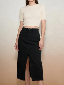 Women High Waisted Denim Skirt With Front Split Washed Midi Long Distressed Raw Hem Casual Slim Fit Style