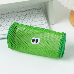 Green cylindrical mesh pencil case with cartoon big eyes and smooth zipper closure