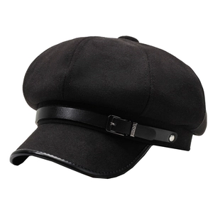Klassische schwarze Woll-Schirmmütze für Damen mit Lederband und Metallschnalle