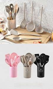 Detail view of 15pcs silicone kitchen utensil set in pink, beige, and black with holder