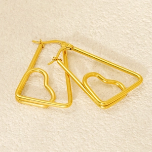 Elegant geometric gold hoop earrings with triangle frame and heart charm in minimalist style