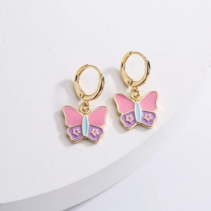 Butterfly Hoop Earrings Copper Gold Plated Pink Purple Enamel Star Pattern Small Fresh Sweet Jewelry For Women
