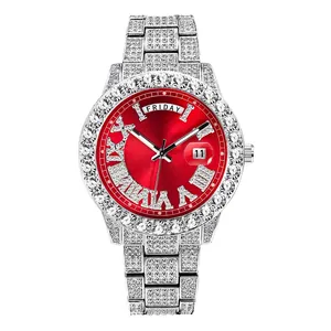 Silver and red iced out men's luxury watch with diamond-set bezel and date display