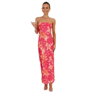 Robe longue bustier moulante à imprimé floral rose et orange pour les vacances d'été et fêtes