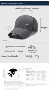 Detailed size chart for men's cotton baseball cap with measurement guide and specs