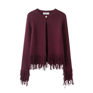 Women Fringed Knit Cardigan Sweater Round Neck Single Gold Button Solid Color Loose Casual Outerwear