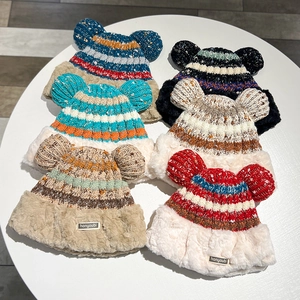 Winter knitted earflap hats with cute round ears and plush trim in various colors