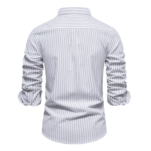 Camicia uomo slim fit a righe in cotone e lino con collo alla coreana, retro
