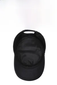 Detail of black military flat top hat showing breathable mesh lining and adjustable buckle