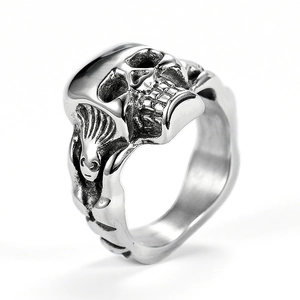 Vintage silver skull ring with gothic punk 3D carving for men in stainless steel