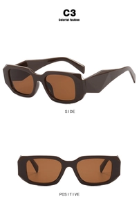Detail view of dark brown geometric sunglasses with faceted temples in C3 colorway