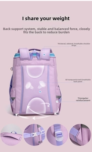 Detail of 3D breathable mesh back panel and reinforced straps on purple school backpack