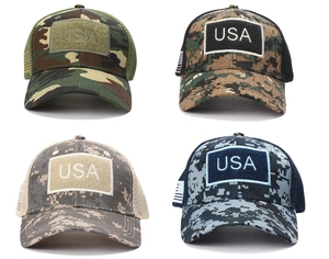 Detail view of four camo tactical caps with USA embroidery and breathable mesh panels