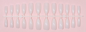 Detail of 24 translucent milky white almond shaped press-on nails on a layout strip