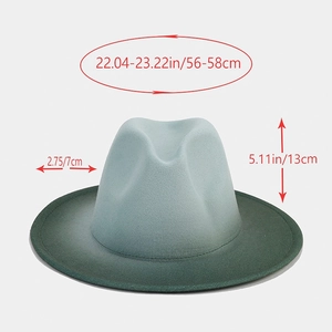 Elegant gradient gray-blue fedora felt hat with dimensions for head size 56-58cm