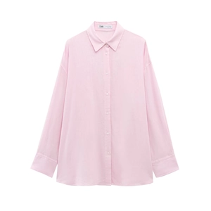 Minimalist pink long sleeve button-down shirt for women in premium woven fabric texture