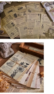 Macro view of vintage aesthetic paper pack with botanical and newspaper prints for scrapbooking